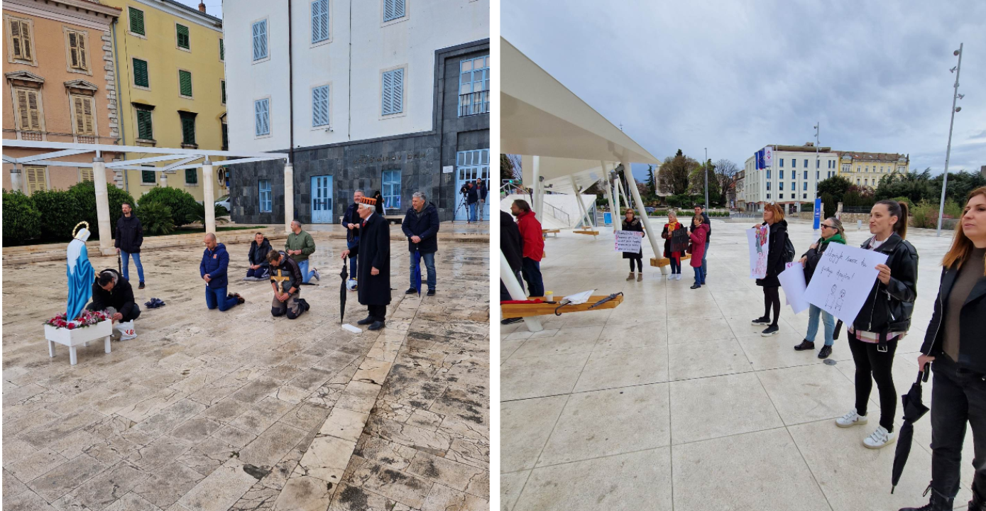 Kontraprosvjednici držali transparent 'Sloboda narodu', molitelji se pojačali 'vodičkim umjetnikom' Matešom 