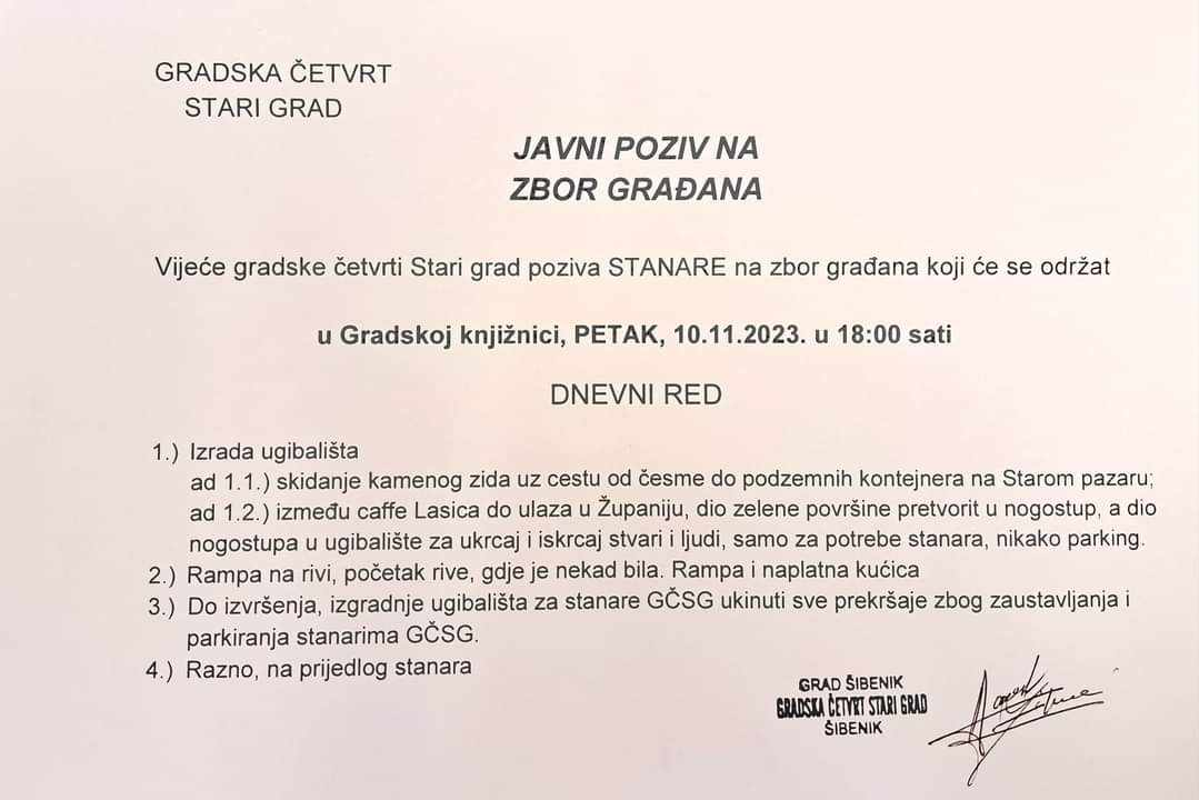 Vijeće Gradske četvrti Stari grad poziva stanare na zbor građana 